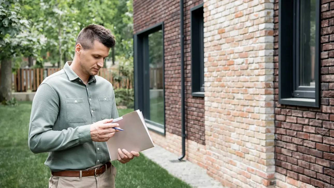 A buyer pausing in a bright entryway, sunlight spilling in as the inspector scribbles a first note—anticipation and trust balanced in a single frame. Fix before closing.
