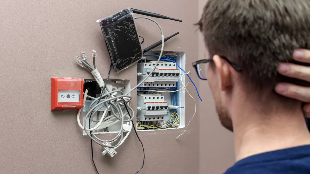 Licensed electrician testing GFCI outlet installation at Fort Worth TX home during inspection repair